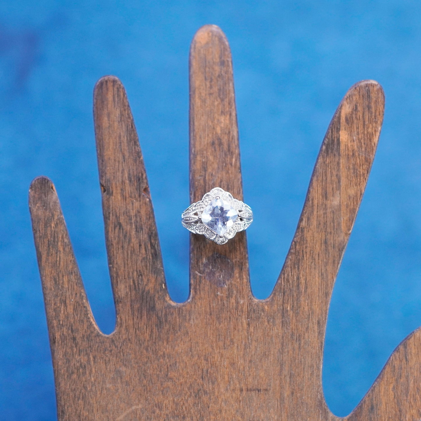 Size 4.75, vintage Sterling 925 silver engagement ring with cluster Cz around