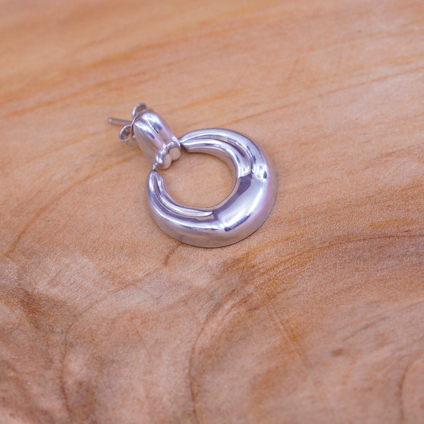 Vintage Sterling silver handmade earrings, Modern 925 ribbed circle dangles