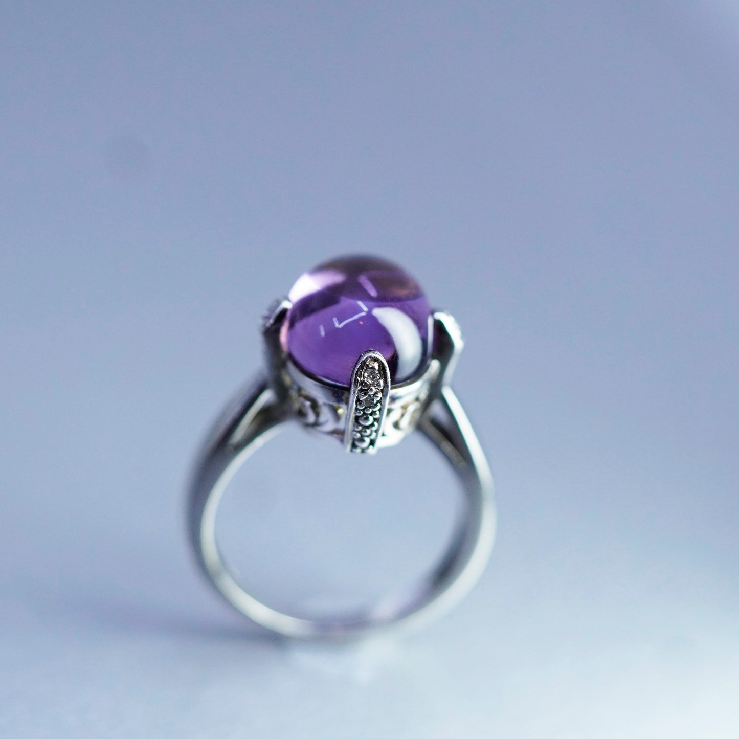 Size 7, vintage Sterling 925 silver handmade ring with amethyst and diamond