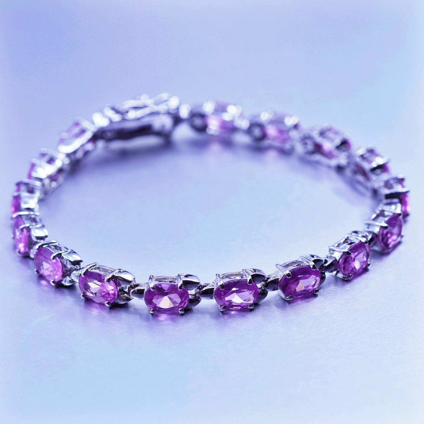7”, Vintage Sterling 925 silver tennis bracelet chain with pink crystal