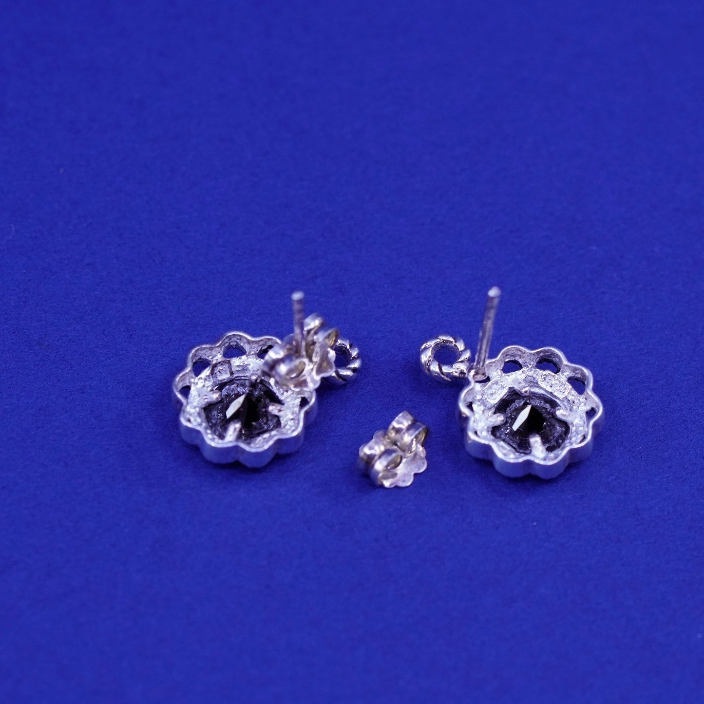 Vintage sterling silver handmade earrings, 925 studs with obsidian and cable