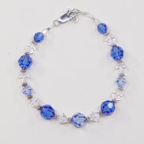 6.5”, Mexico Sterling 925 Silver Handmade Bead Bracelet, Blue Crystal beads
