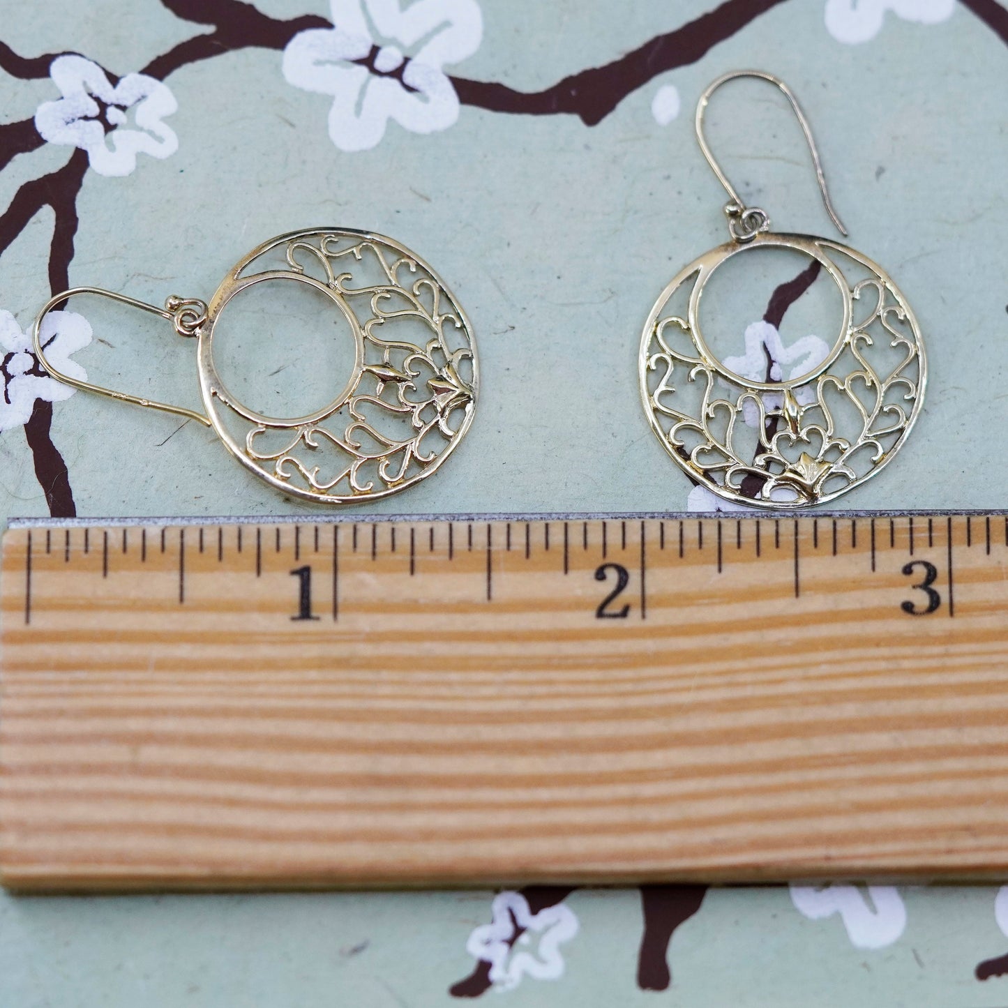 vermeil gold over Sterling silver earrings, 925 filigree circle disc dangles