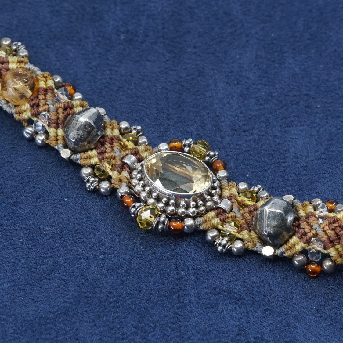 6.25", vtg Sterling silver handmade bracelet, 925 w/ citrine N linen braided