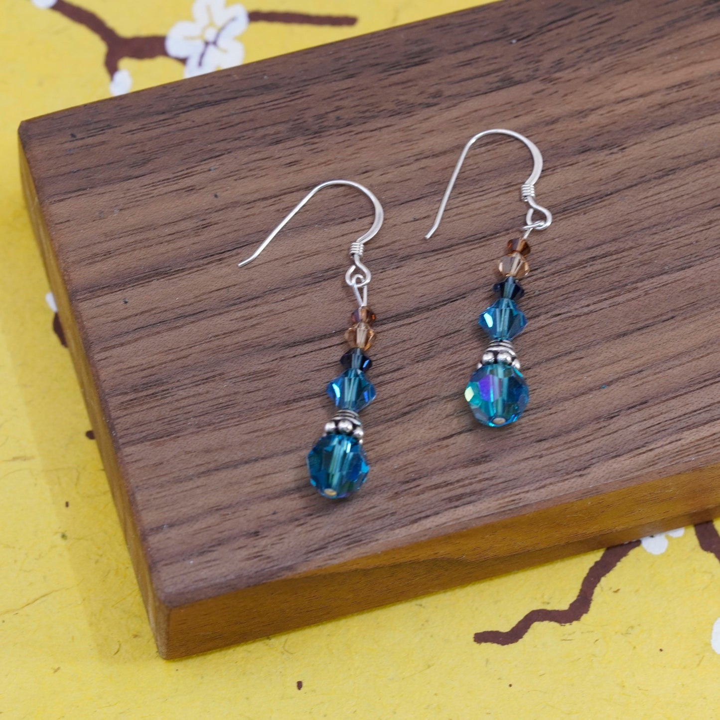 Vintage Sterling 925 silver handmade earrings with blue crystal dangles
