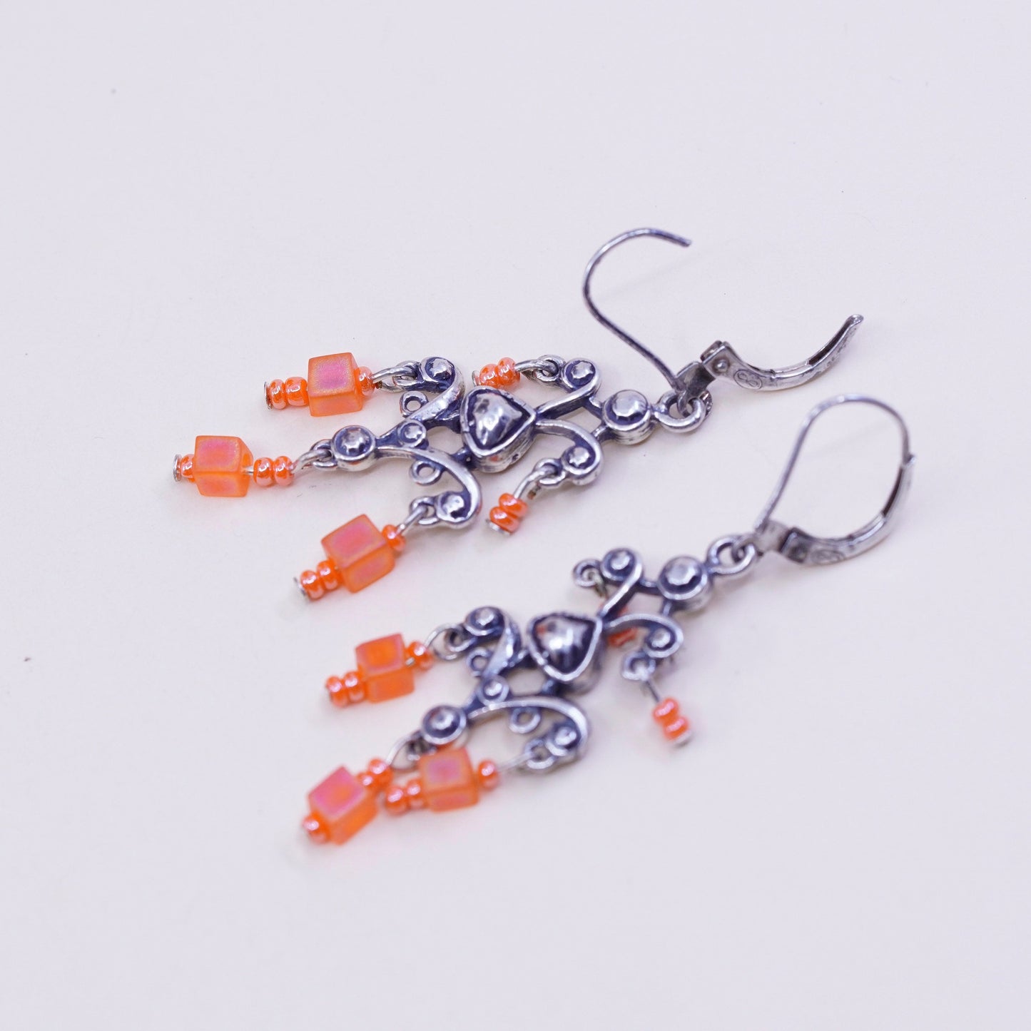 Vintage Sterling silver handmade earrings, 925 filigree heart with orange bead, stamped 925