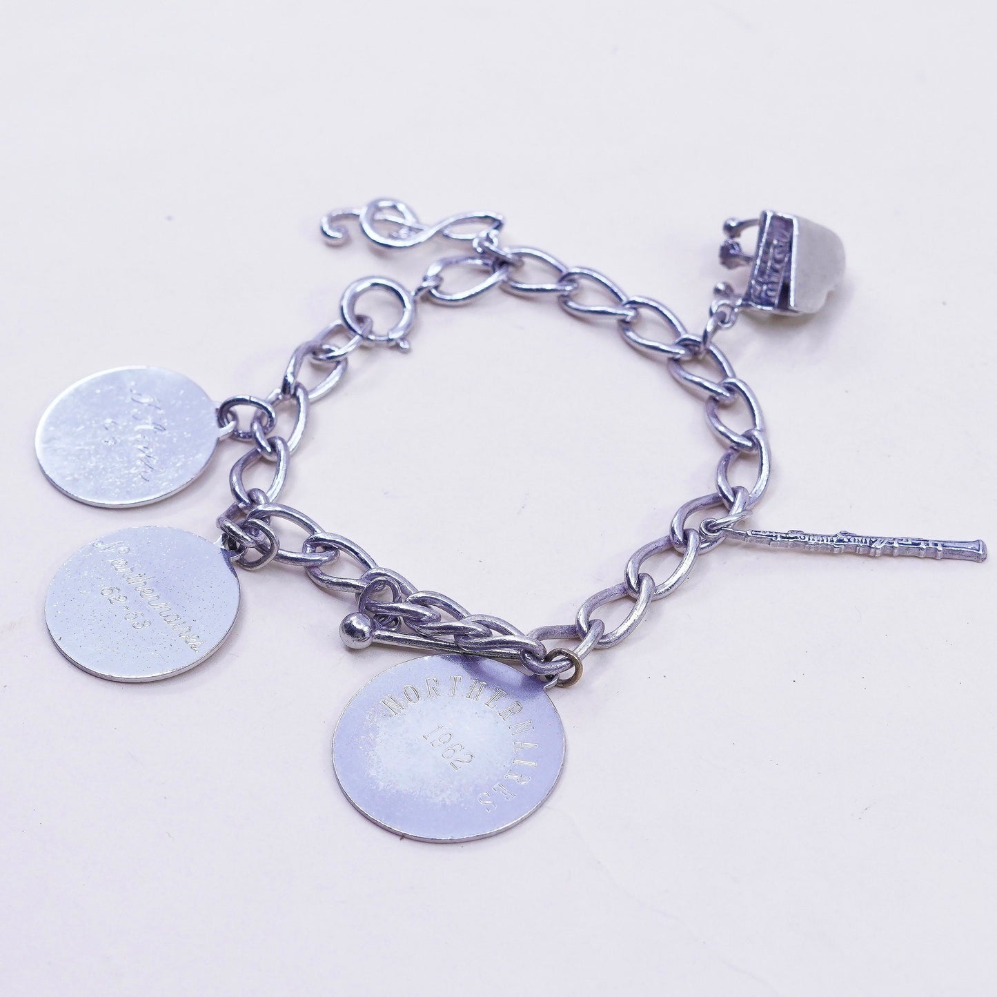 6.75”, sterling silver bracelet, 925 circle chain tag piano music charms