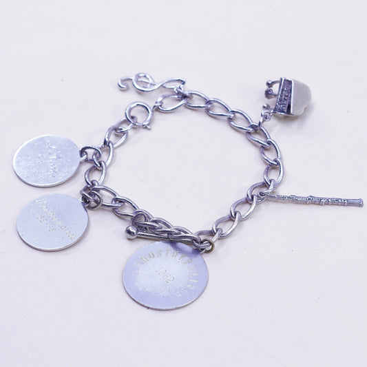 6.75”, sterling silver bracelet, 925 circle chain tag piano music charms