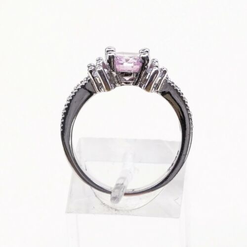 Sz 6.5, Vtg Sterling 925 Silver Ring W/ Pink Heart Cz Inlay, Stamped 925