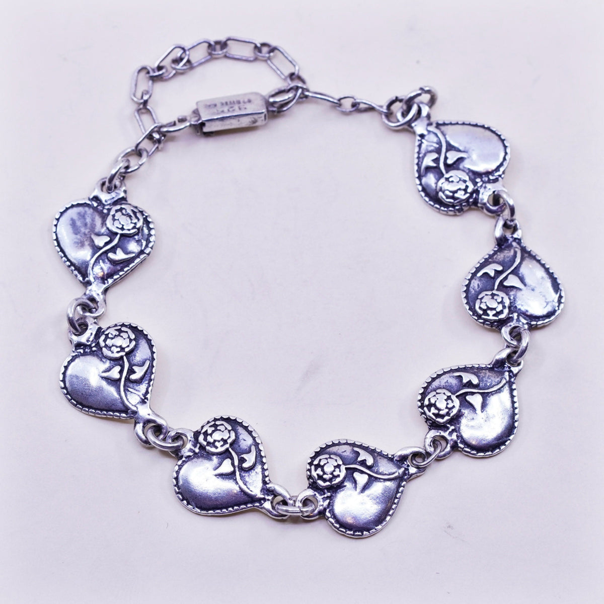 7.5”, Vintage sterling silver handmade bracelet, 925 heart chain with flower