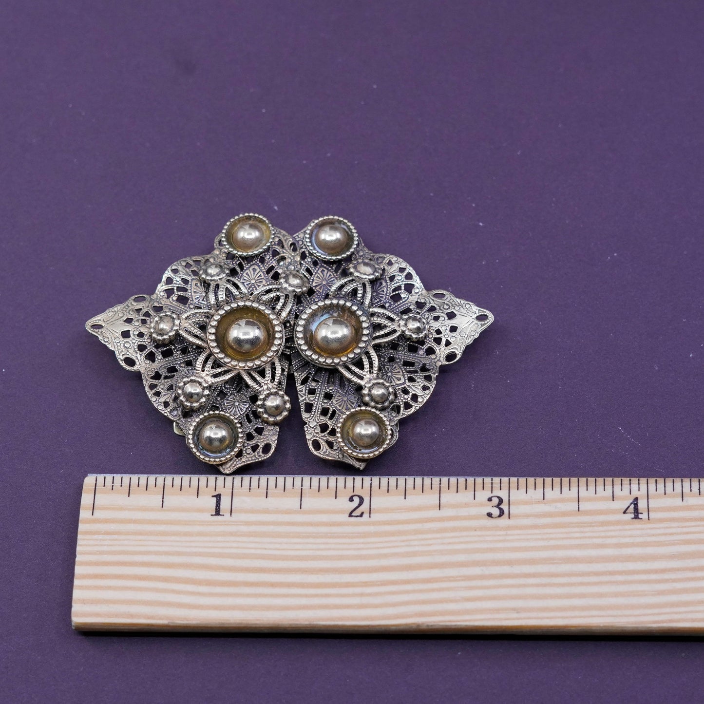 Vintage gold tone filigree belt buckle with beads