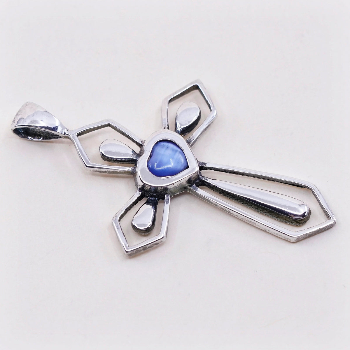 Vintage Sterling silver handmade pendant, Mexican 925 cross with blue tiger eye