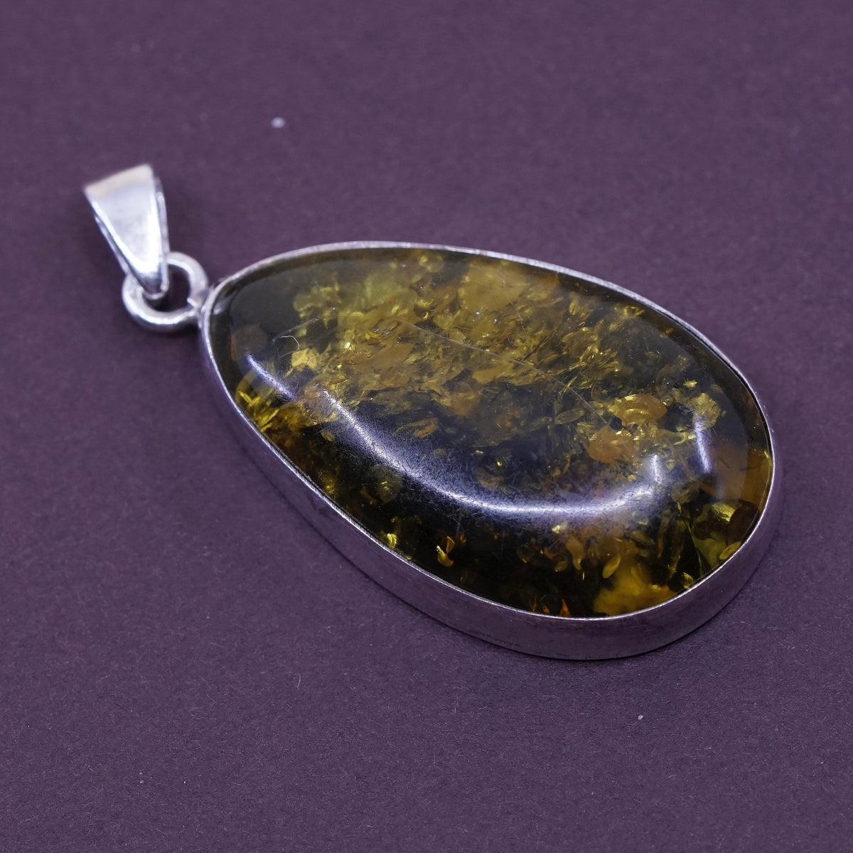 Vintage Sterling 925 silver handmade pendant with teardrop Amber pendant