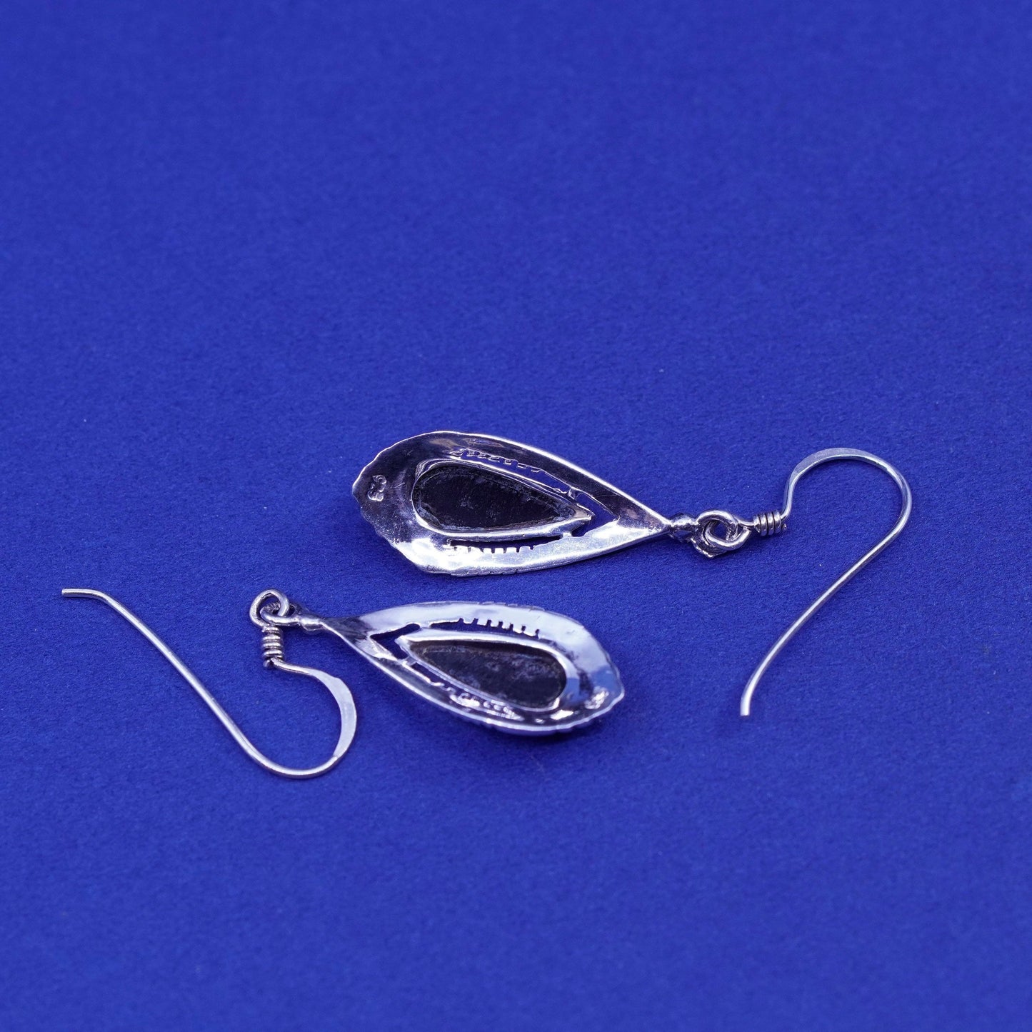 Vintage sterling 925 silver handmade earrings with teardrop obsidian