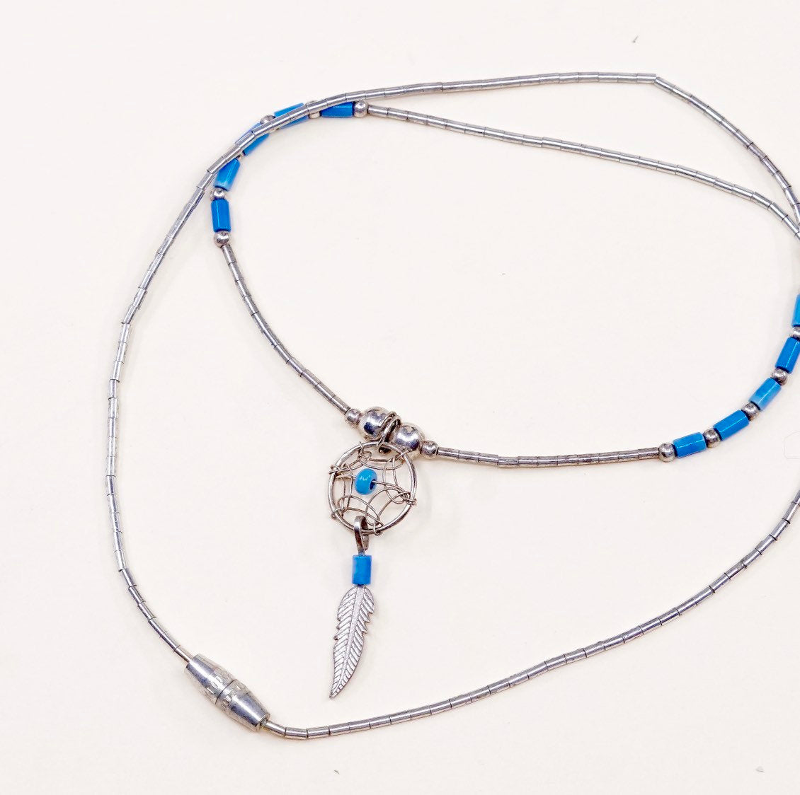 15", heishi Navajo Sterling silver necklace, 925 liquid chain turquoise feather