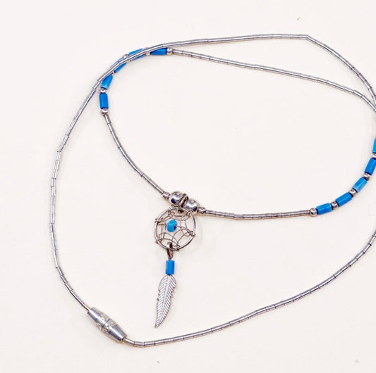 15", heishi Navajo Sterling silver necklace, 925 liquid chain turquoise feather