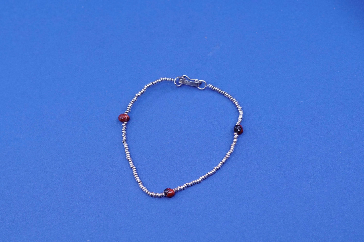 7”, vintage sterling 925 silver handmade beads and red bead bracelet