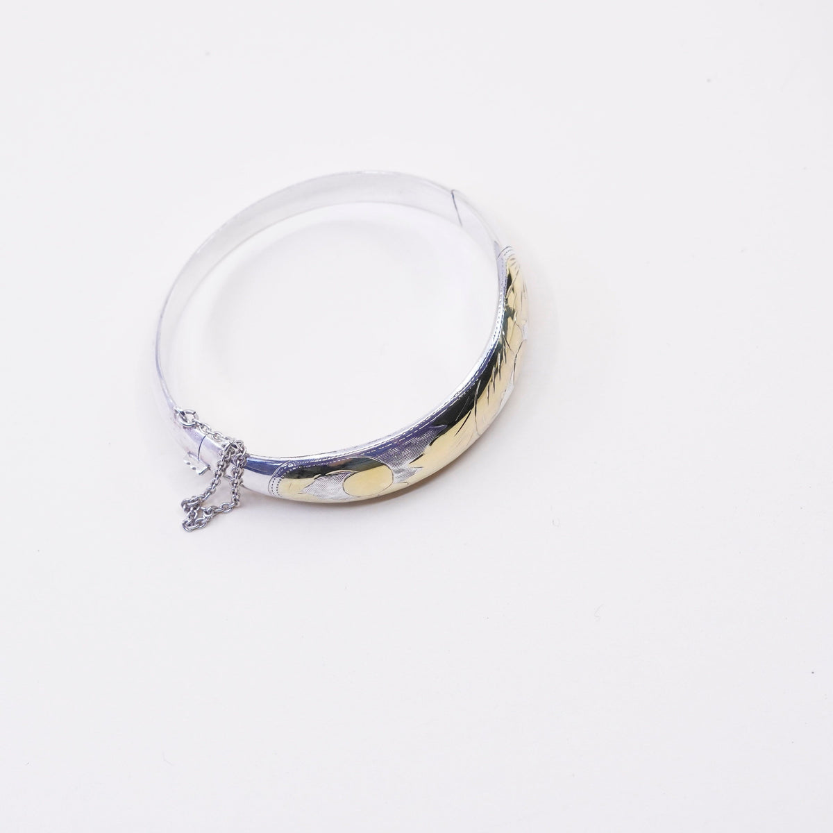 7”, two tone sterling silver handmade bracelet, 925 hinged bangle with floral