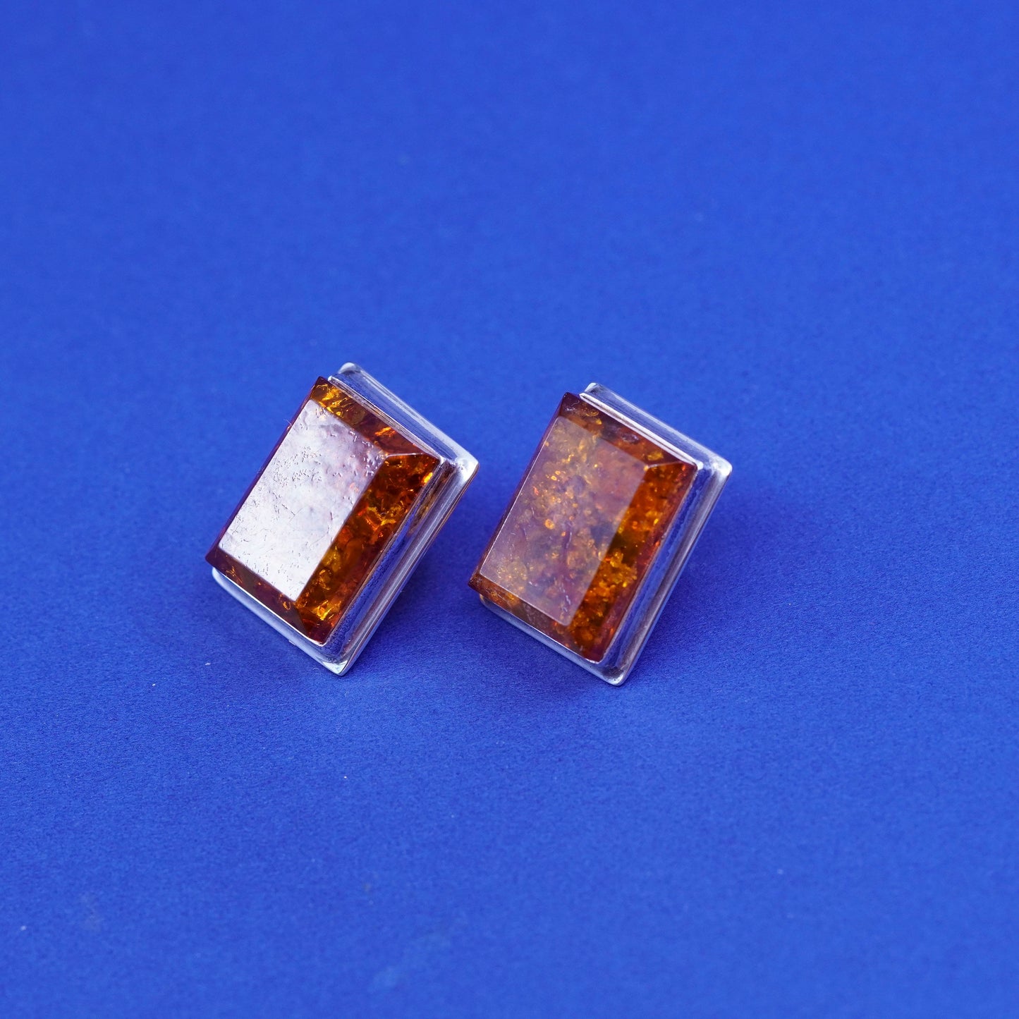 Vintage sterling silver handmade earrings, 925 square studs with amber