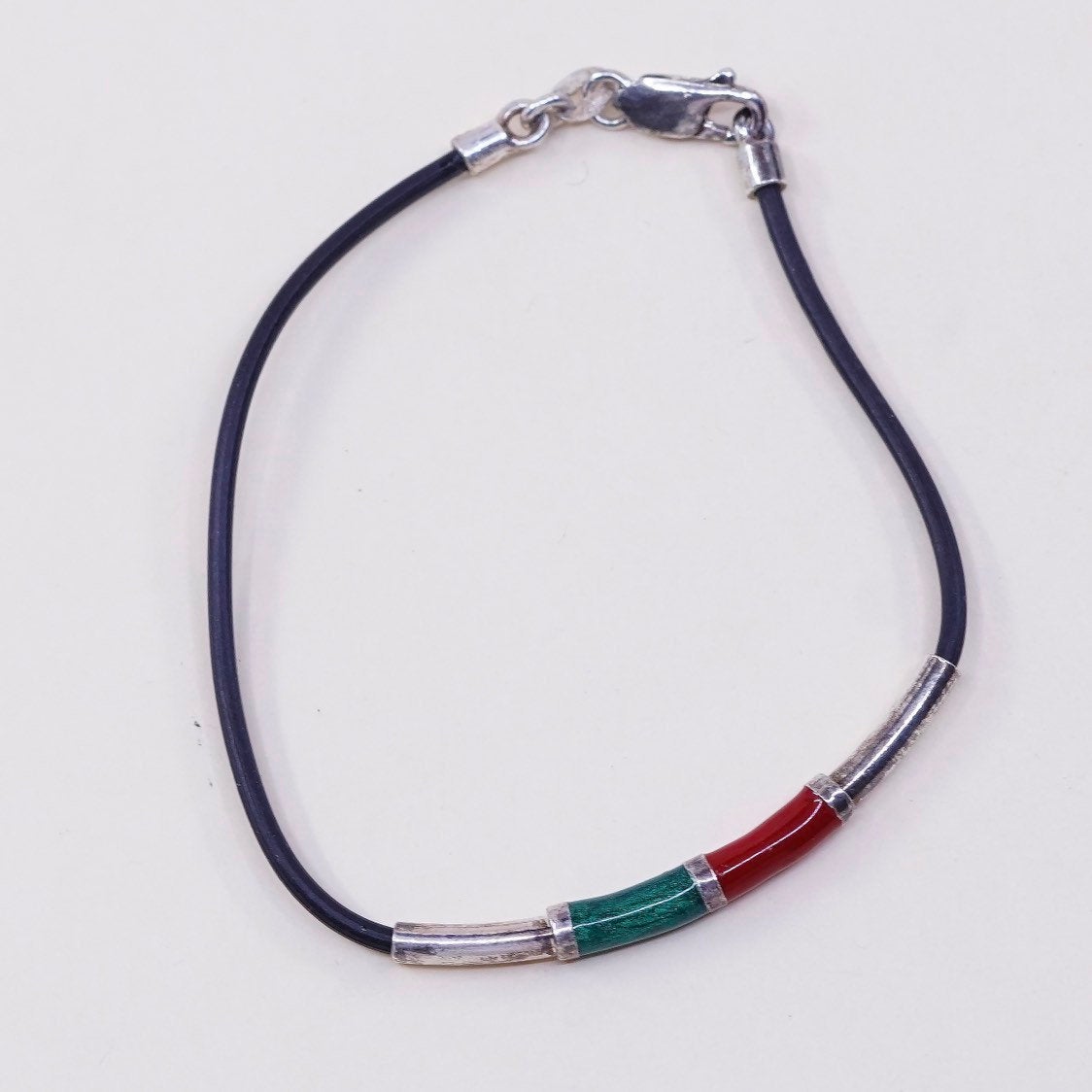 6.5”, VTG Sterling silver handmade bracelet, 925 enamel bar w/ rubber