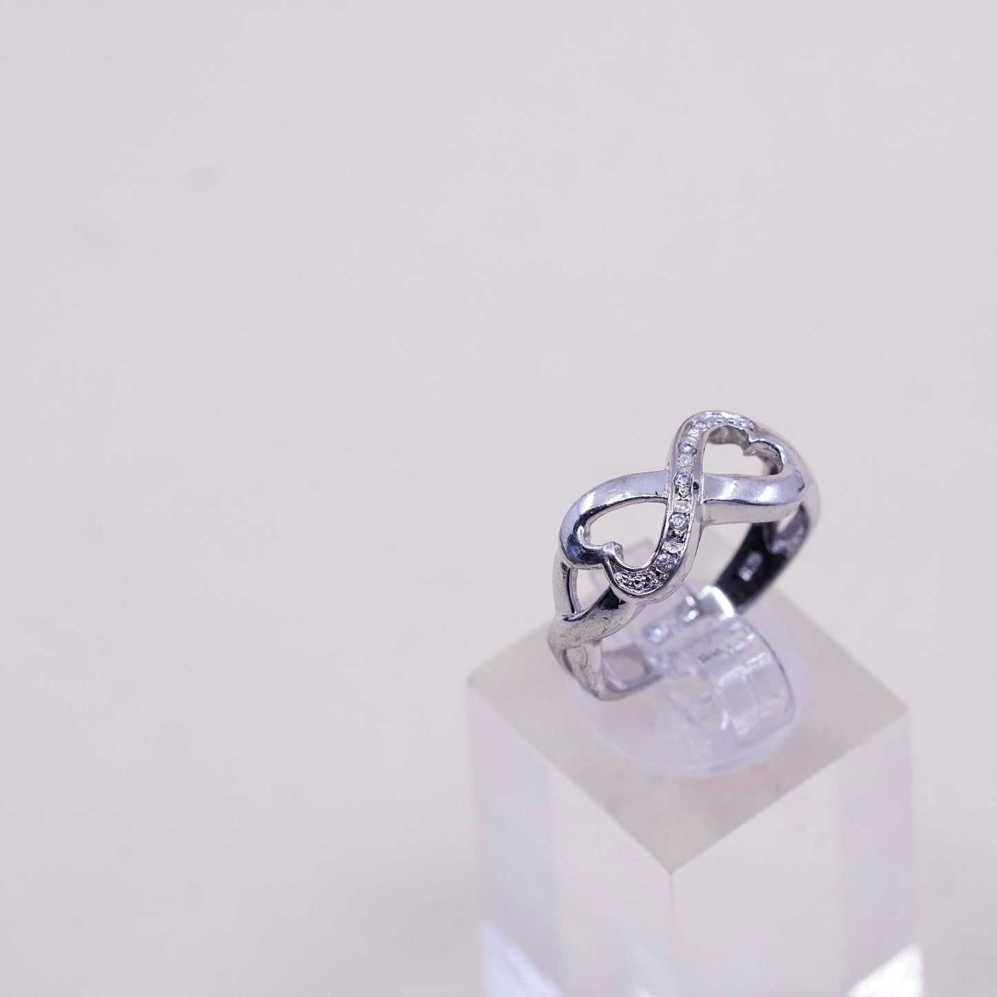 Size 6.25, Vintage sterling silver handmade ring, 925 heart band with Cz around