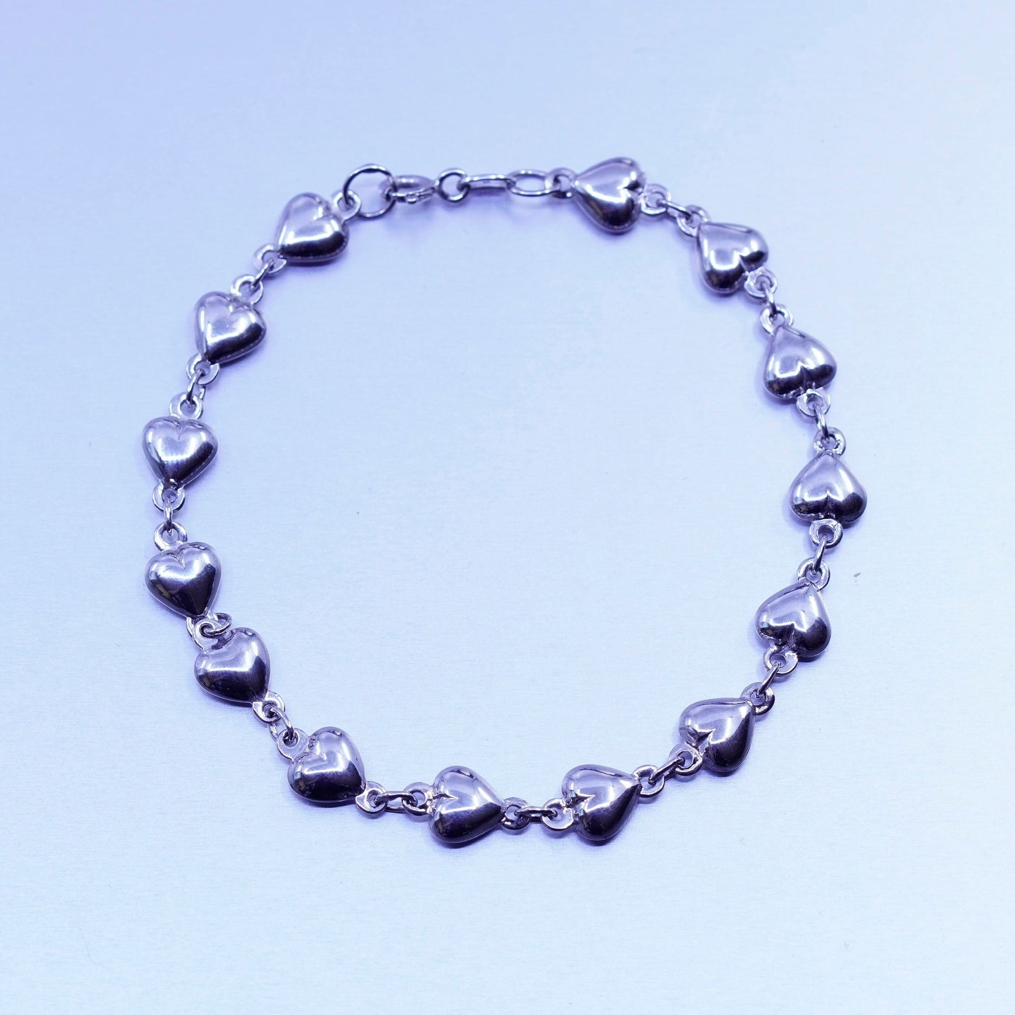7”, vintage Sterling 925 silver handmade bracelet, heart chain
