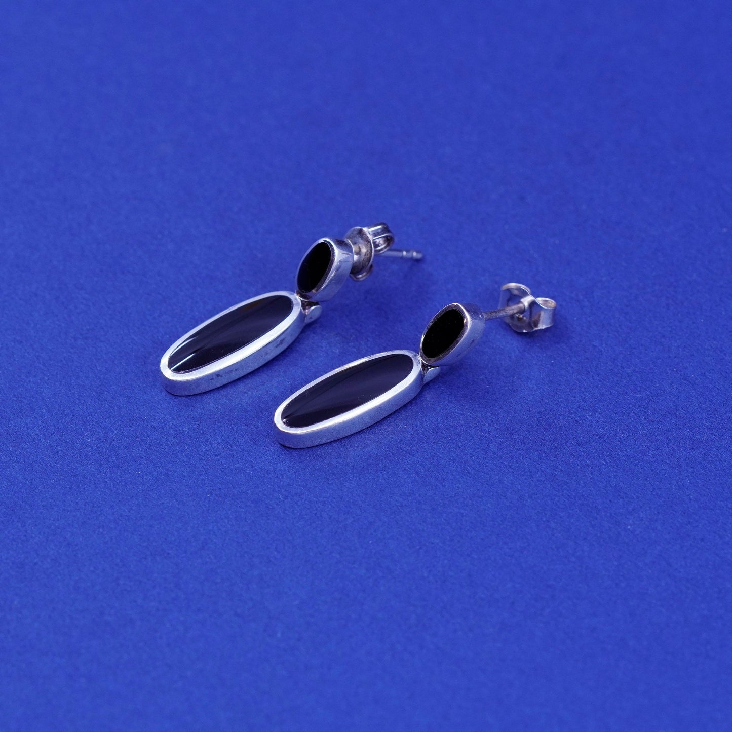 Vintage sterling 925 silver handmade earrings with oval obsidian