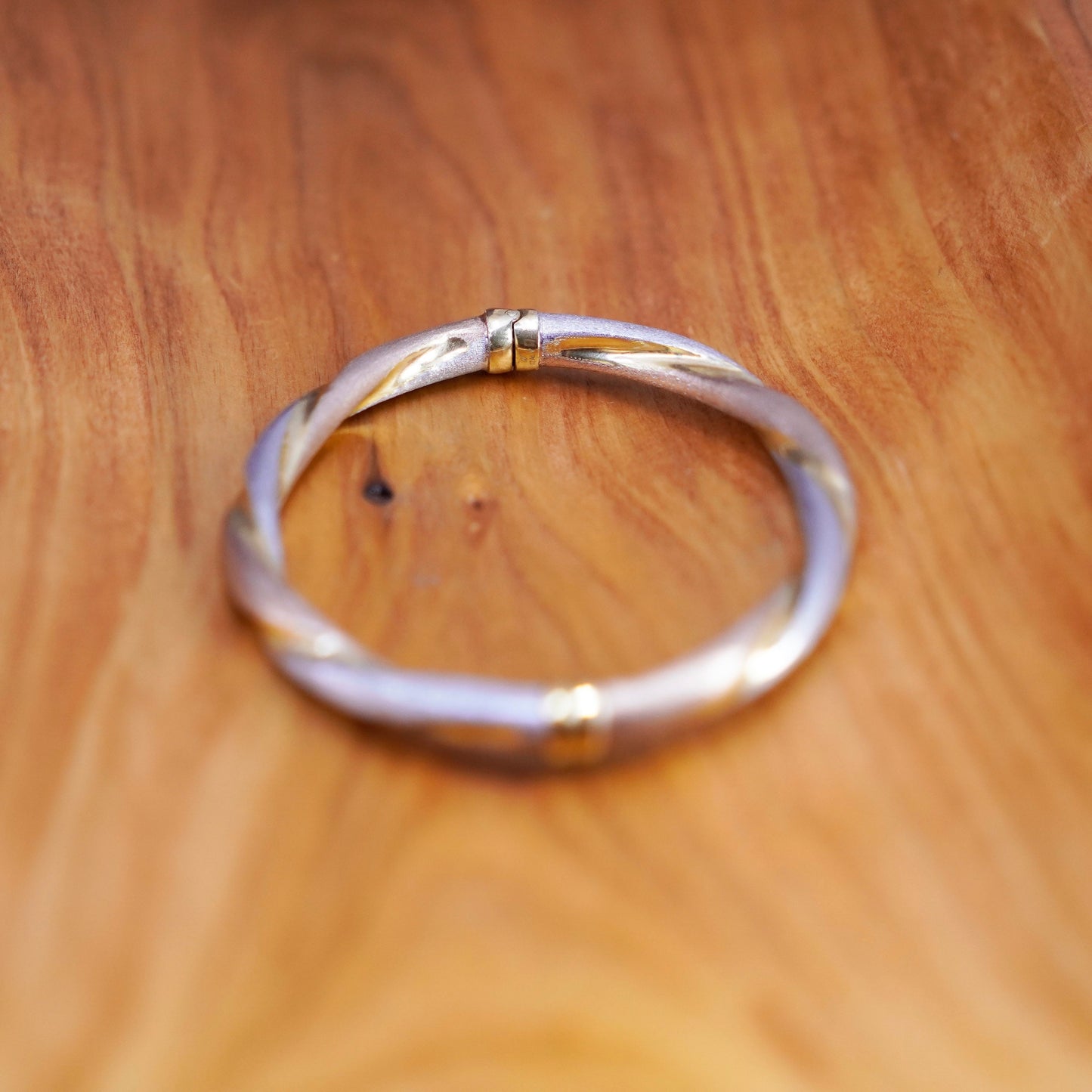7.25”, triple tone gold over Sterling silver bracelet, matte 925 twisted bangle