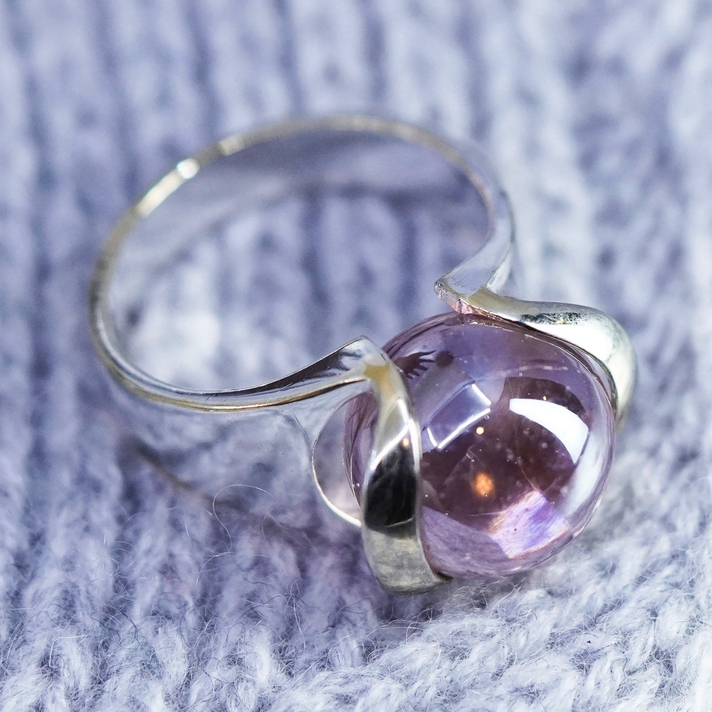 Size 10.5, vintage silver tone handmade interchangeable ring with pink glass