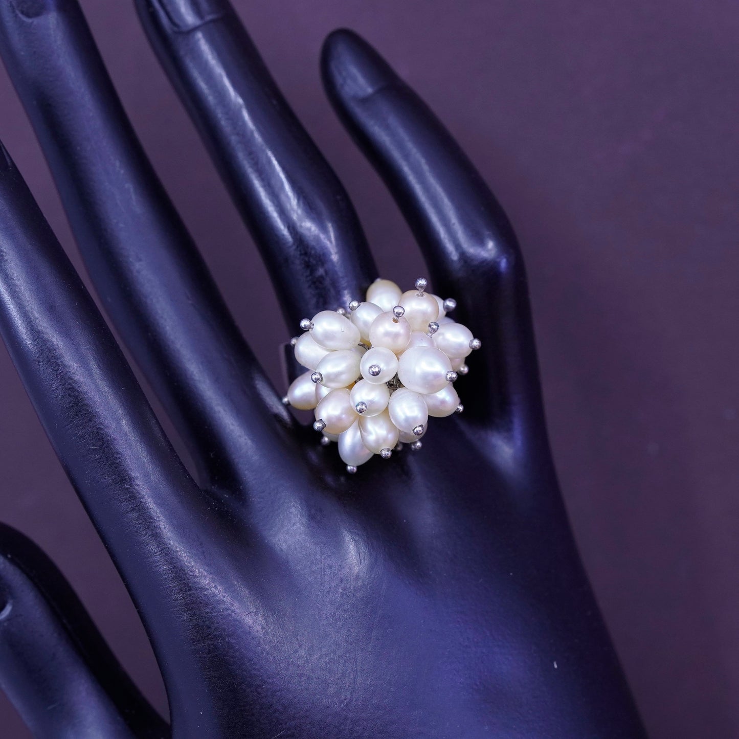 Size 7.25, vintage Sterling 925 silver handmade ring with cluster pearl