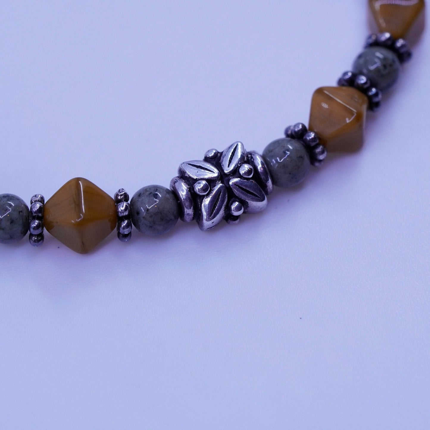 7”, vintage Sterling 925 silver bracelet with golden tiger eye jasper beads