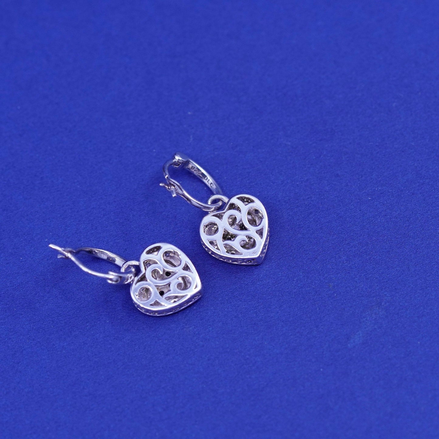 Vintage DLC two tone Sterling silver earrings, 925 hooks with diamond heart