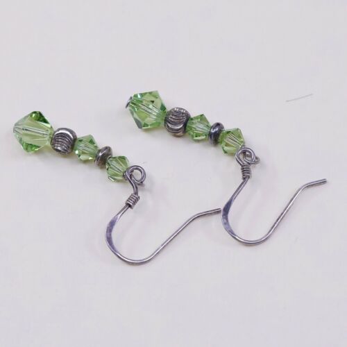 Vtg STERLING 925 SILVER Handmade earrings with Green Crystal dangles