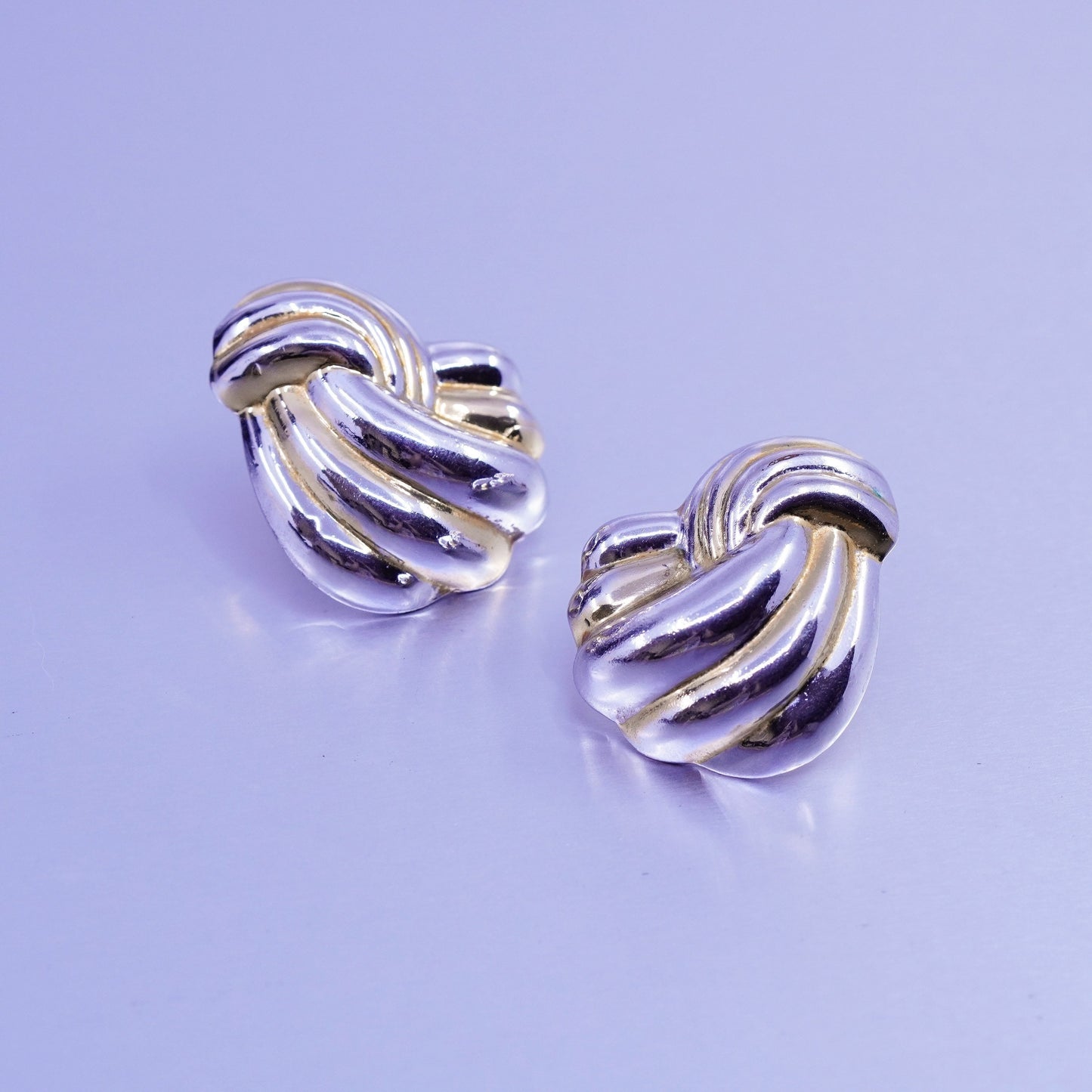 Vintage two tone Sterling 925 silver handmade earrings, wavy ribbed studs
