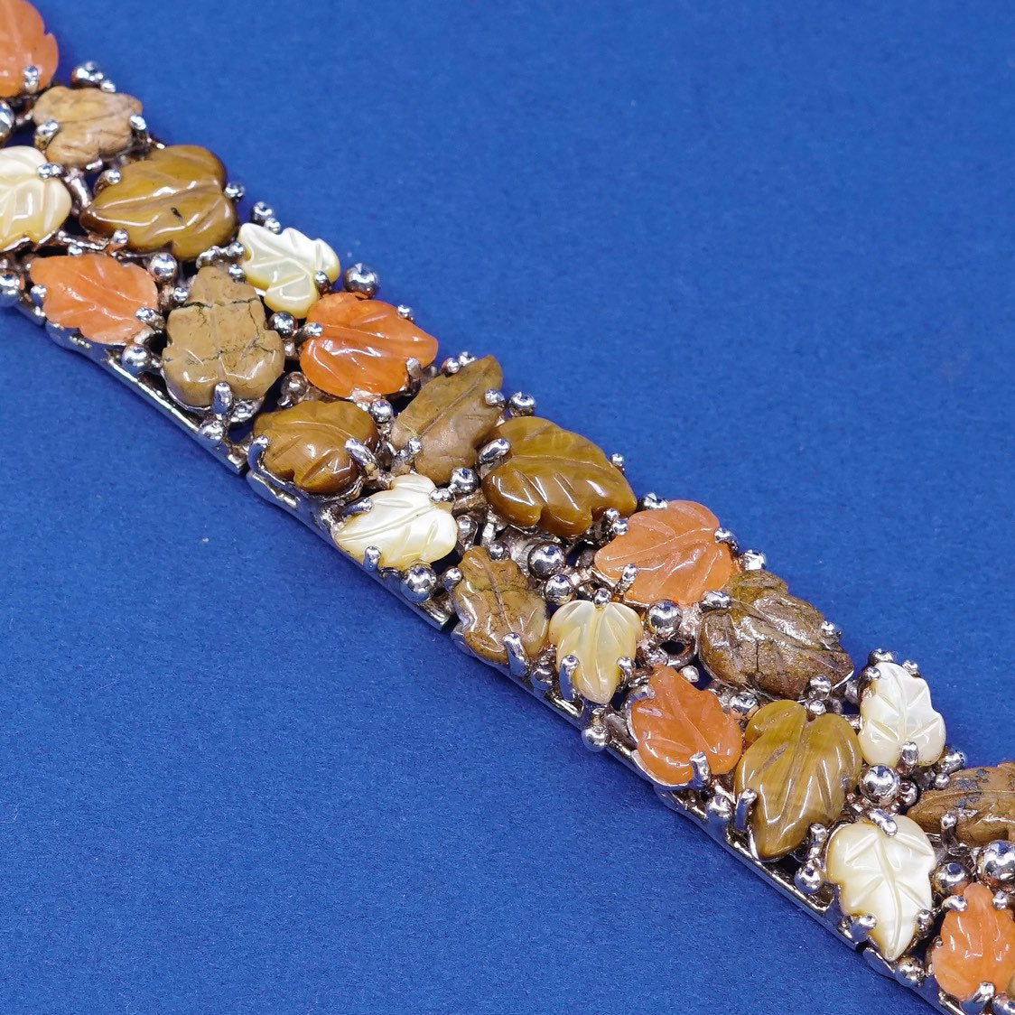 7” WK Whitney Kelly 925 Sterling Silver tennis Bracelet w/ tiger’s eye N leaf