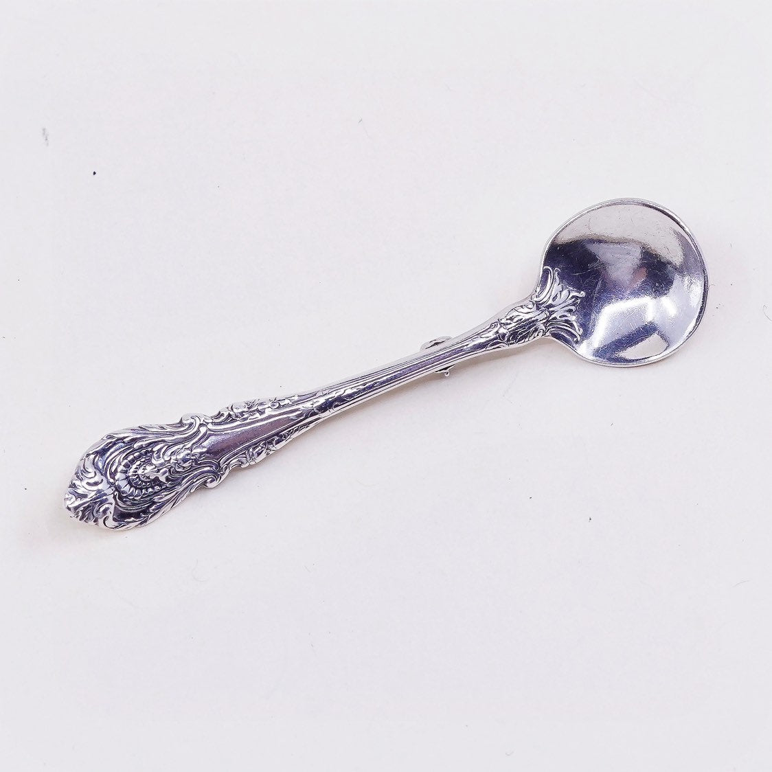 Vintage sterling silver handmade brooch, solid 925 silver spoon pin