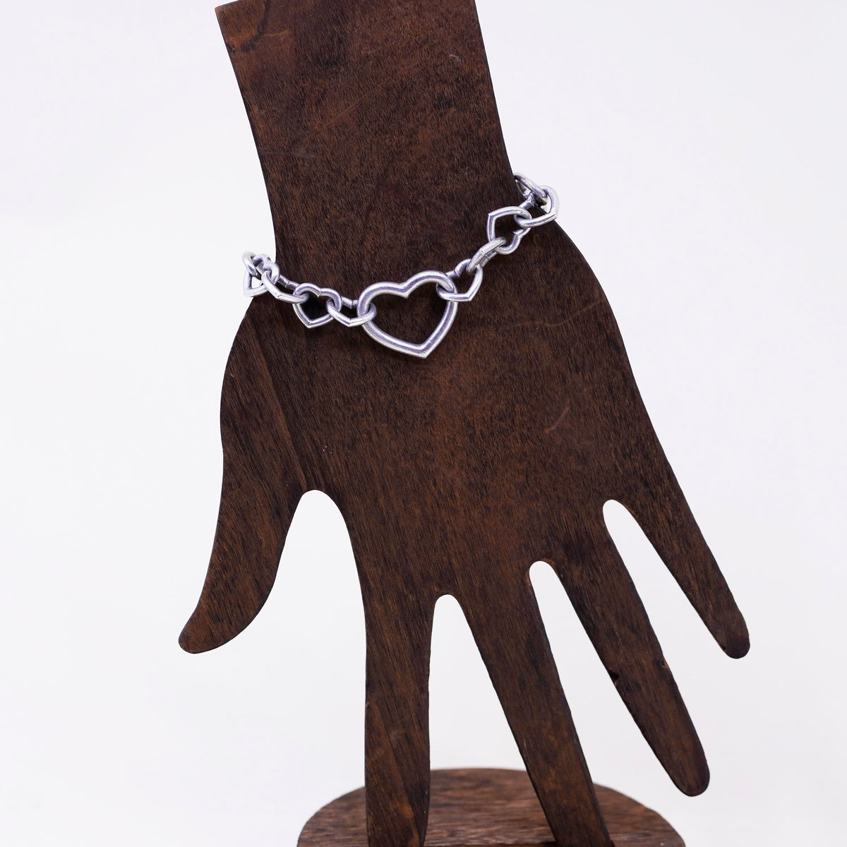 6”, Vintage sterling silver handmade link bracelet, 925 heart chain
