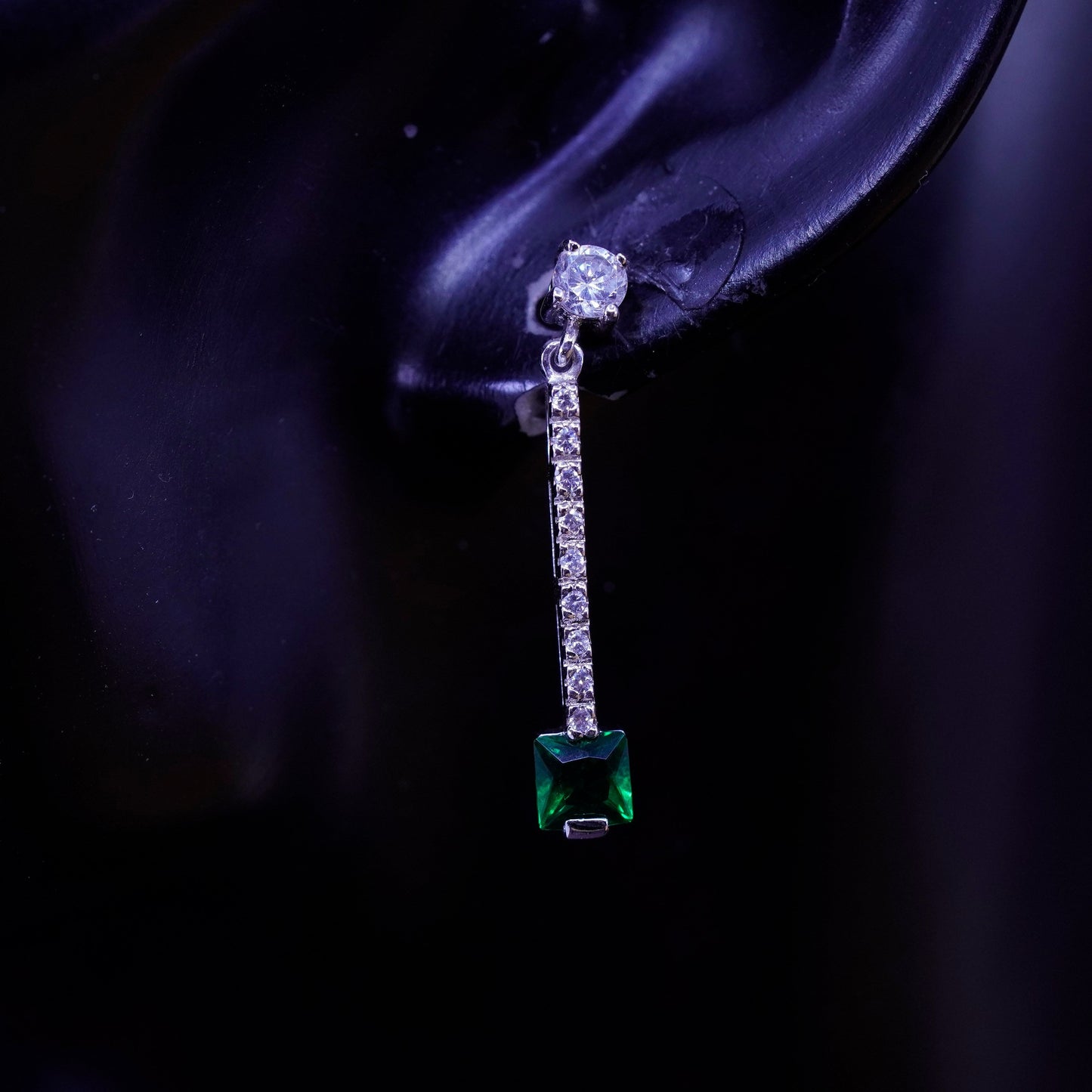 Vintage Sterling silver handmade earrings, 925 long drops with green clear CZ