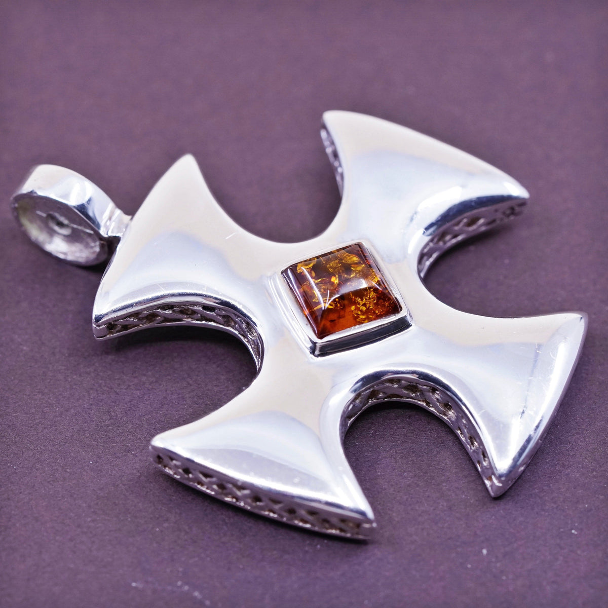 vtg ESPO Sterling silver pendant, 925 Jerusalem cross with filigree and amber