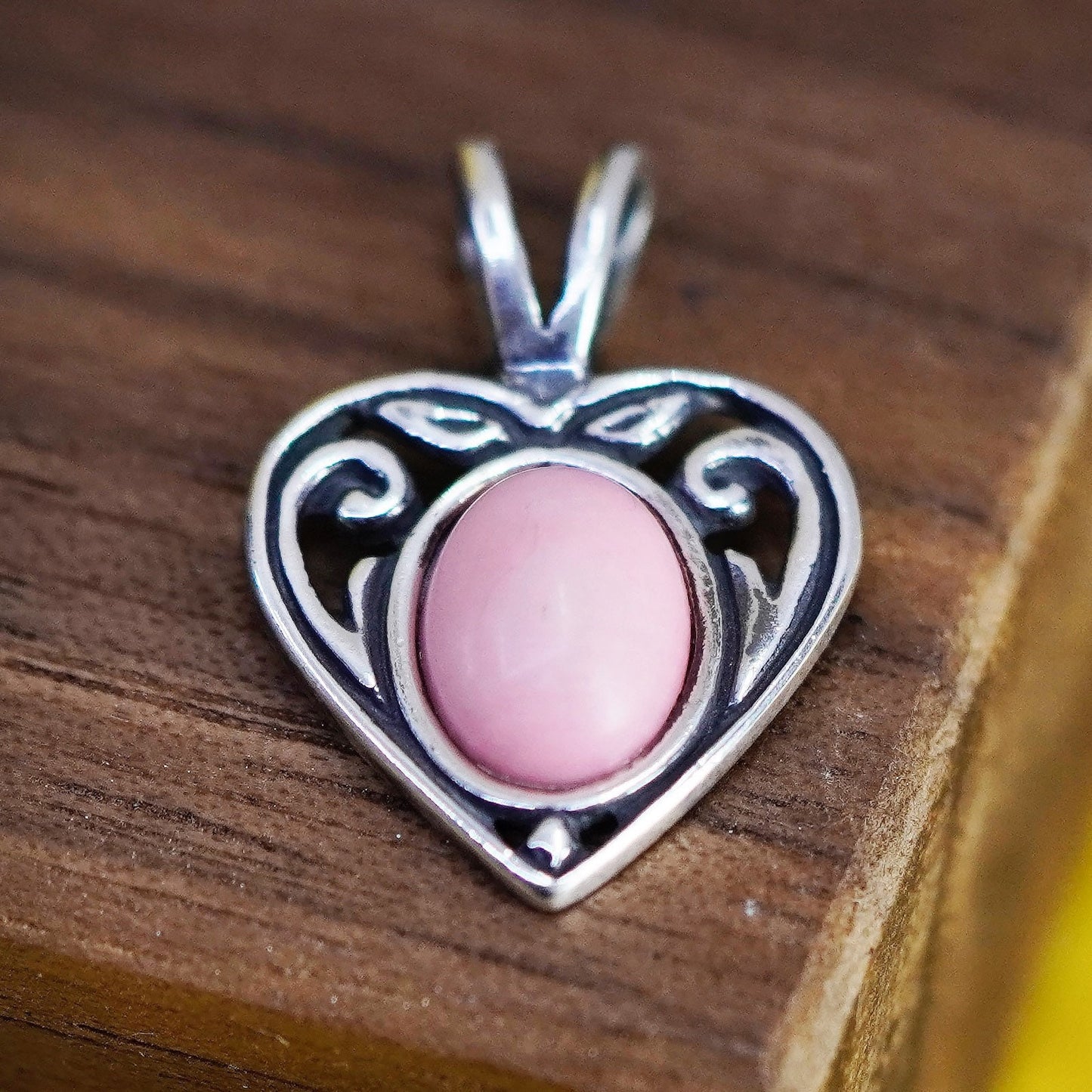 Vintage sterling silver pendant, 925 filigree heart with pink stone