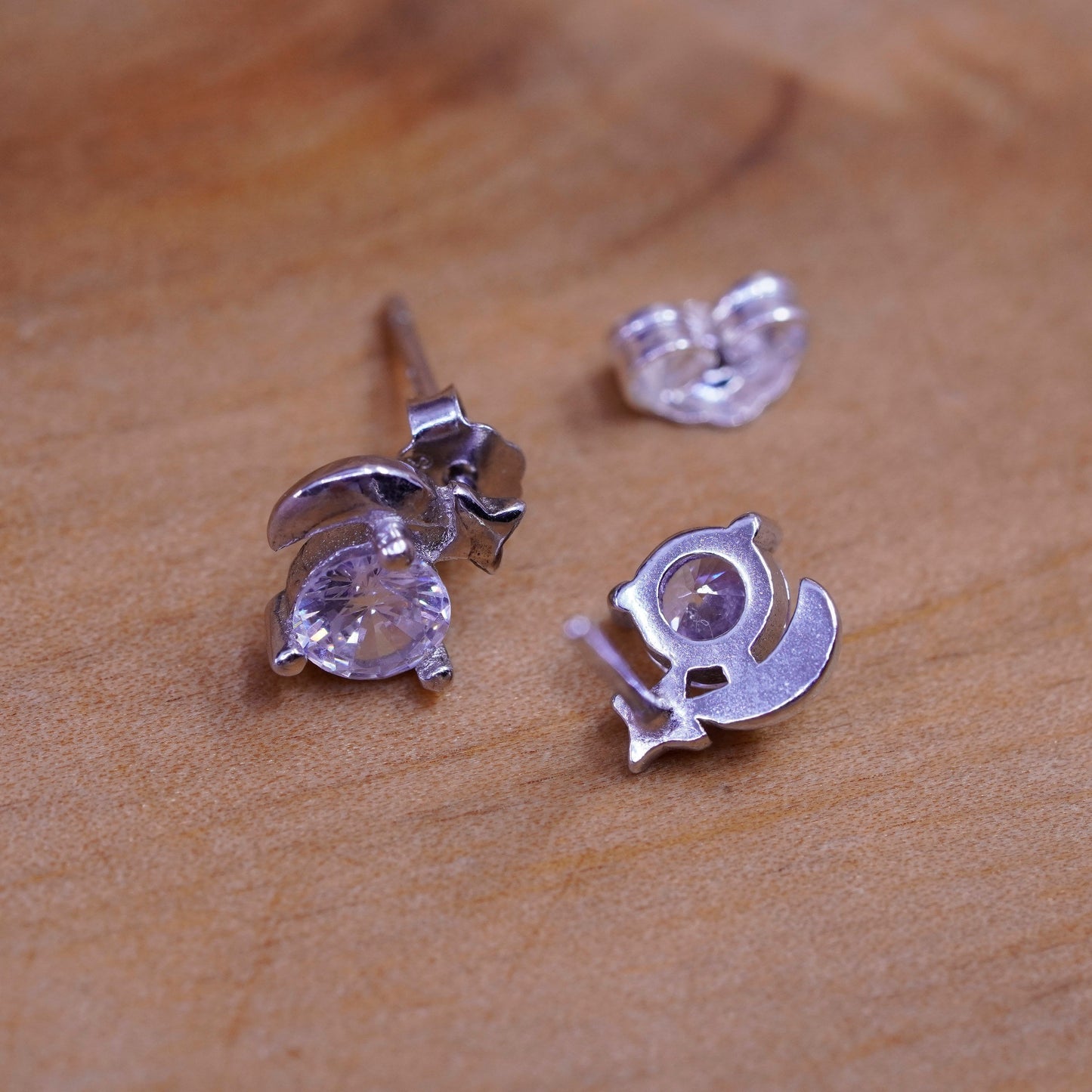 Vintage Sterling silver round crystal studs, cz moon star earrings