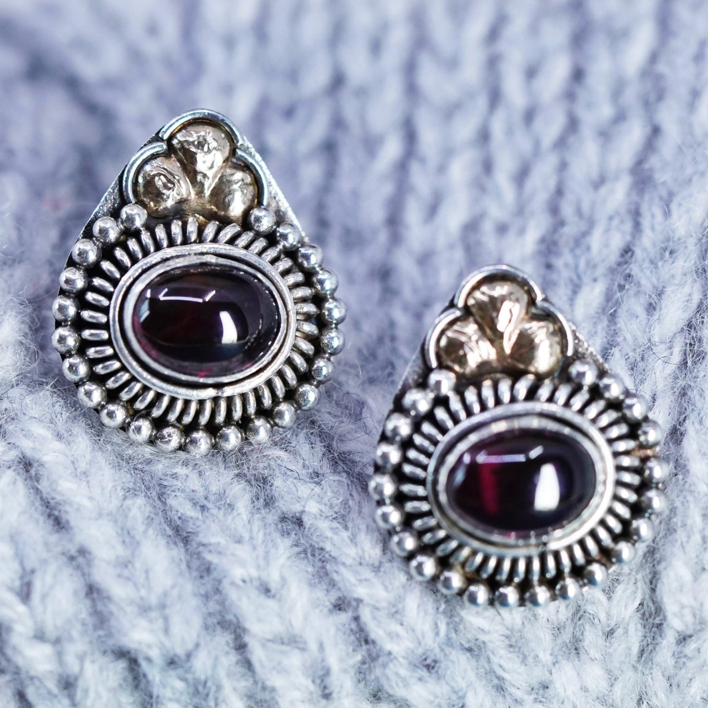 Vintage sterling silver earrings, 925 studs with garnet 12K rose gold leaves