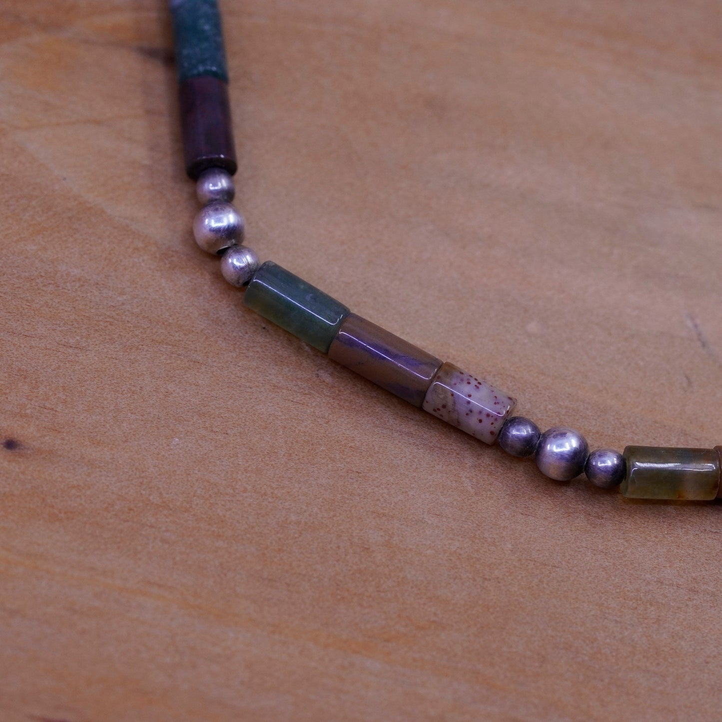 6.75”, Vintage Sterling 925 silver handmade bracelet with green jade tube