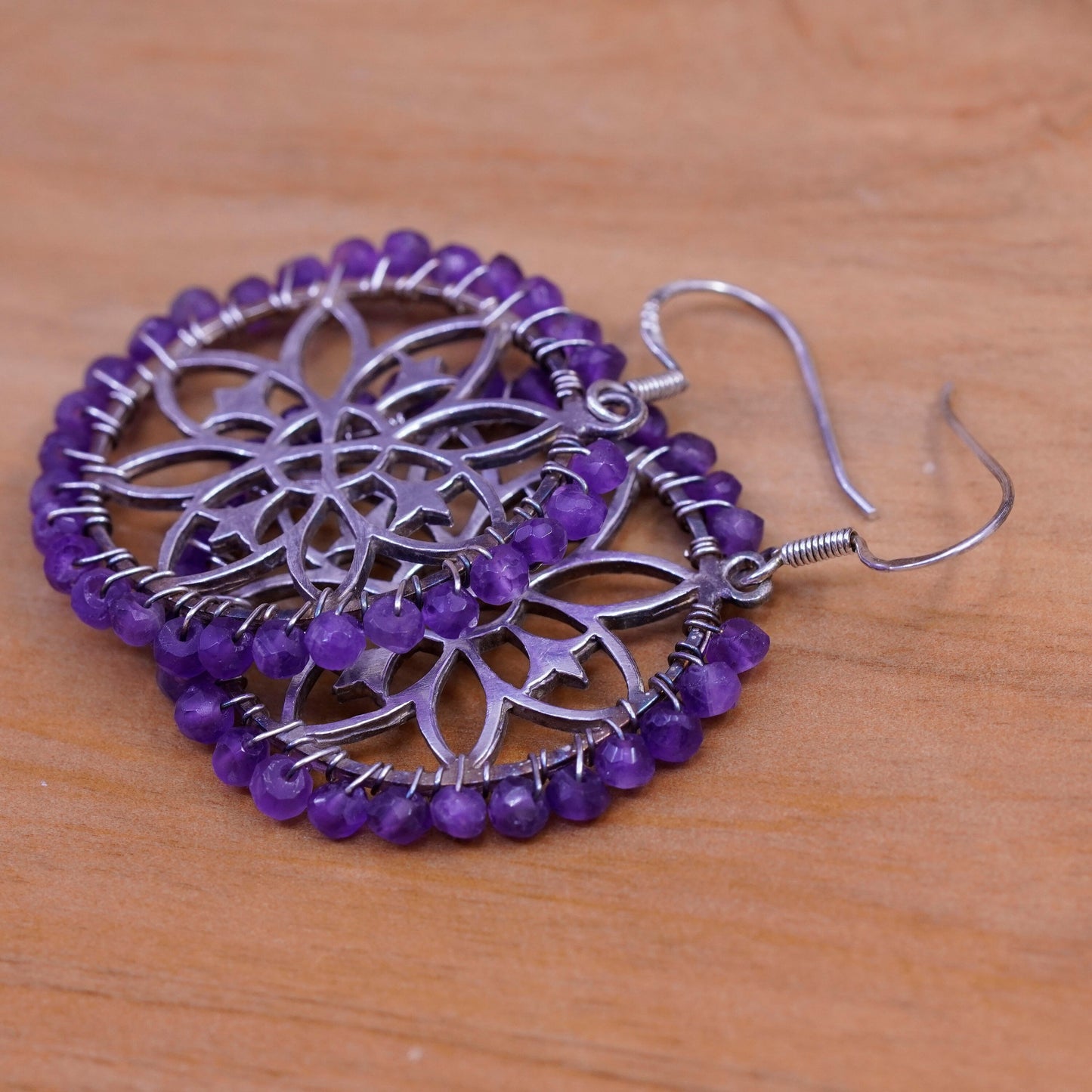 Sterling silver handmade earrings, 925 swirl flower dangles cluster amethyst