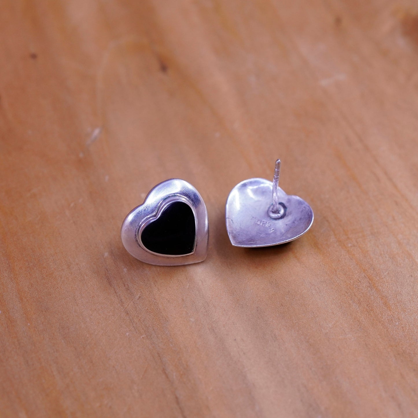 Vintage mexico Sterling silver handmade earrings, 925 heart studs with obsidian