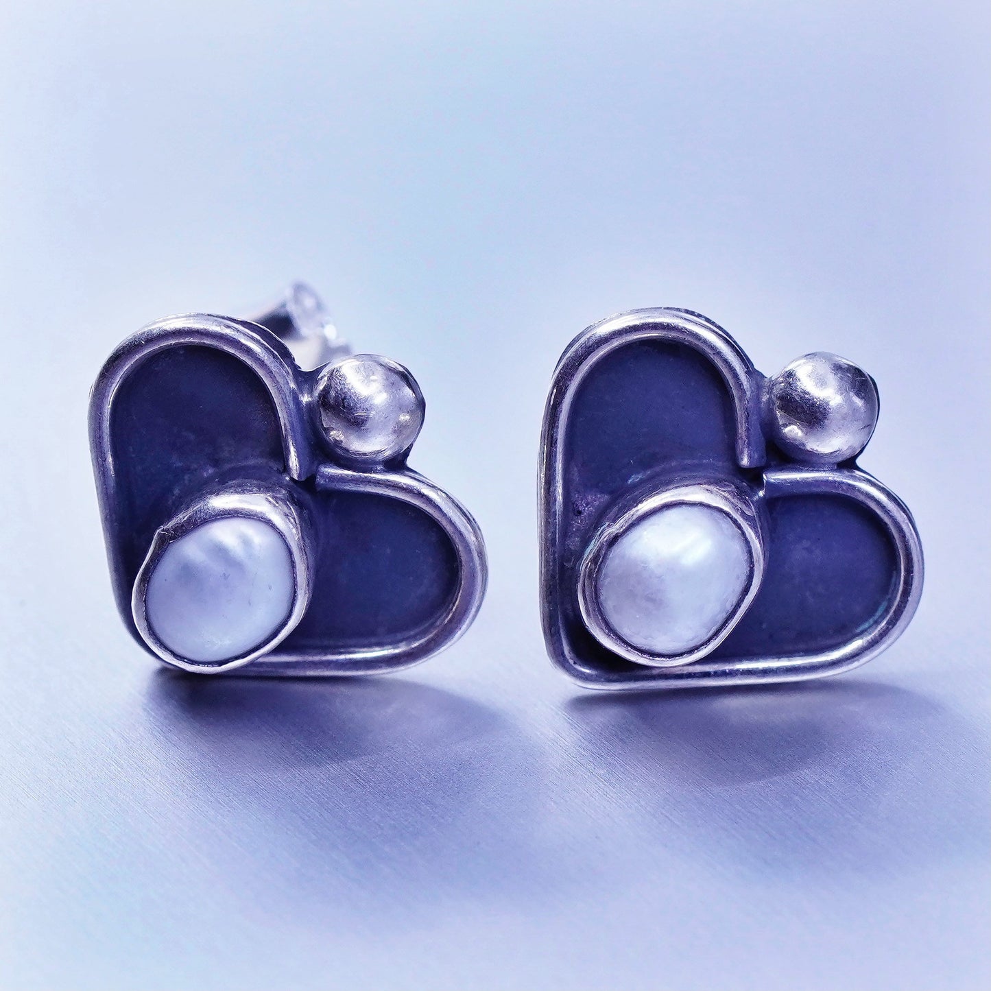 Vintage Sterling 925 silver handmade heart earrings with pearl