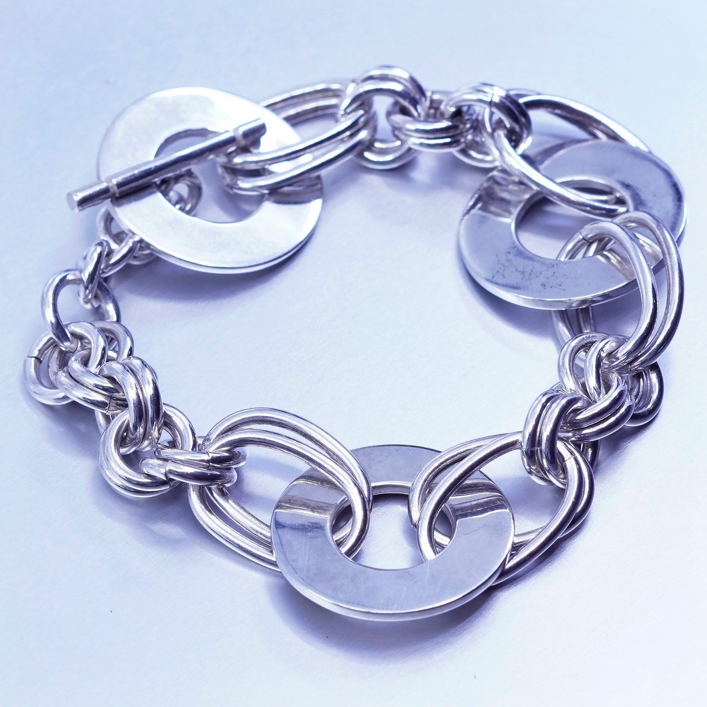 6.75”, Vintage Sterling 925 silver handmade bracelet, double oval chain disc
