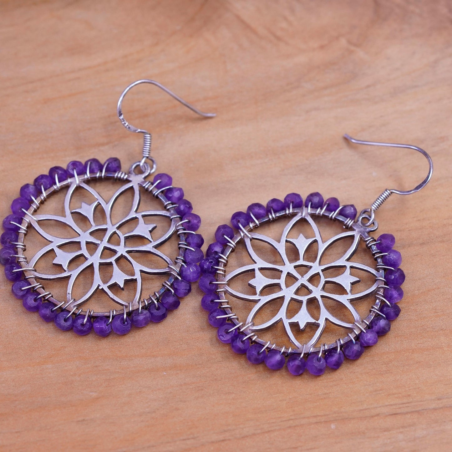 Sterling silver handmade earrings, 925 swirl flower dangles cluster amethyst