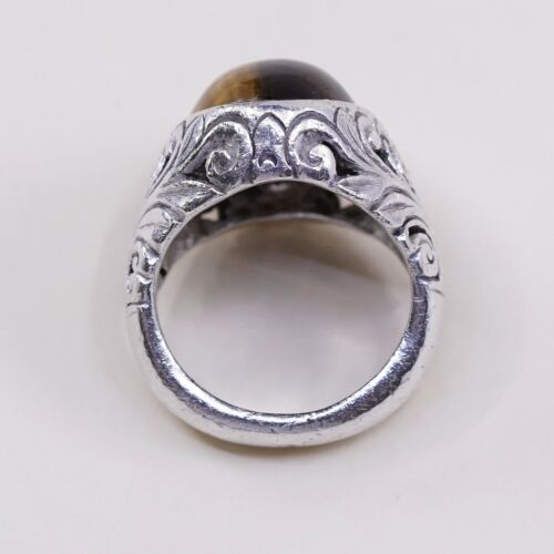 Sz 5, Vtg Handmade Sterling Silver Ring W/ Golden Tiger Eye N Filigree Details