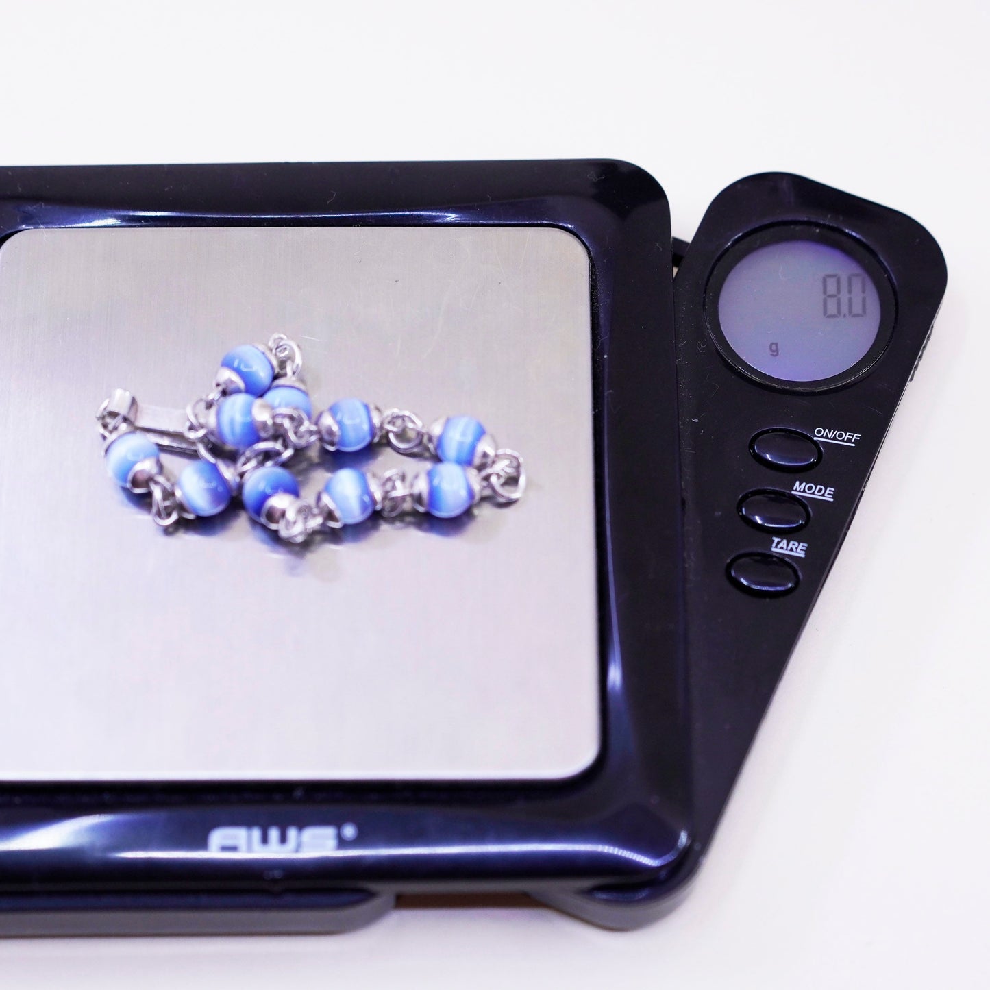 6”, Vintage Mexico sterling silver bracelet, 925 beads with blue cats eye